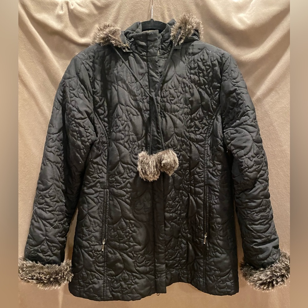 Cabi jacket, faux fur lined cuffs and removable hood.